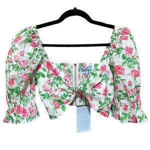 Hill House The Isabella Puff Sleeve Crop Top in Pink Roses